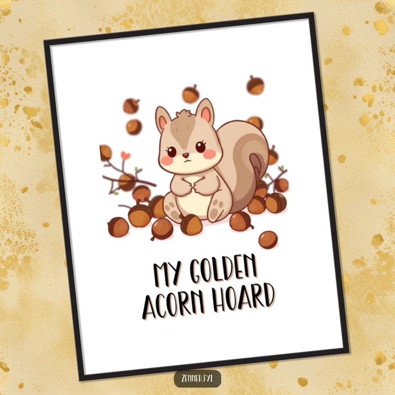 Funny Kawaii Squirrel Digital Art Print: A downloadable artwork featuring a playful squirrel character sitting among acorns, ready to add charm.