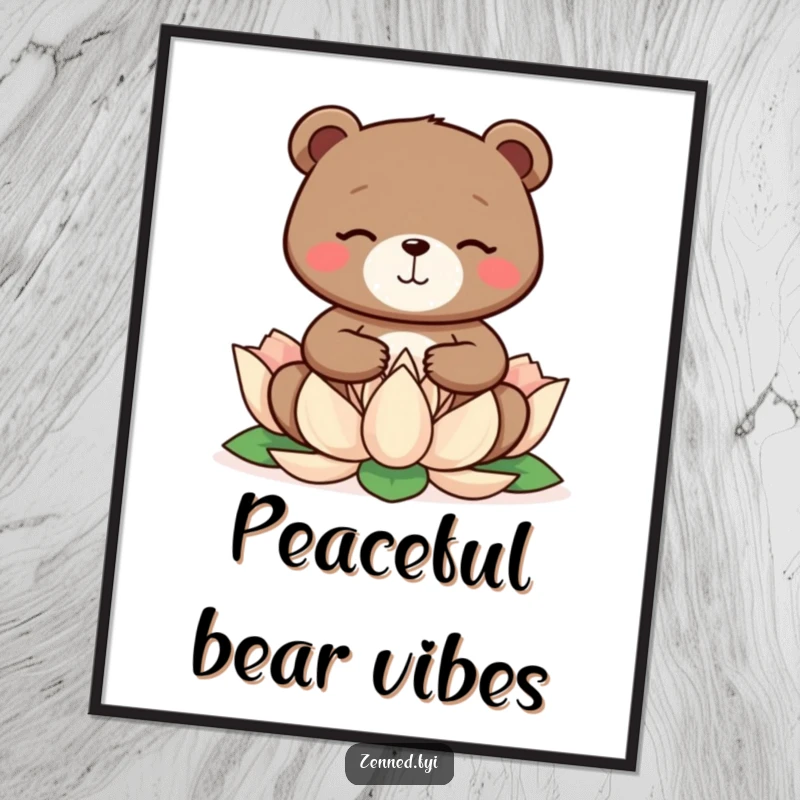 Funny bear meditating peacefully on a lotus flower, a digital art print, ideal for funny gifts.