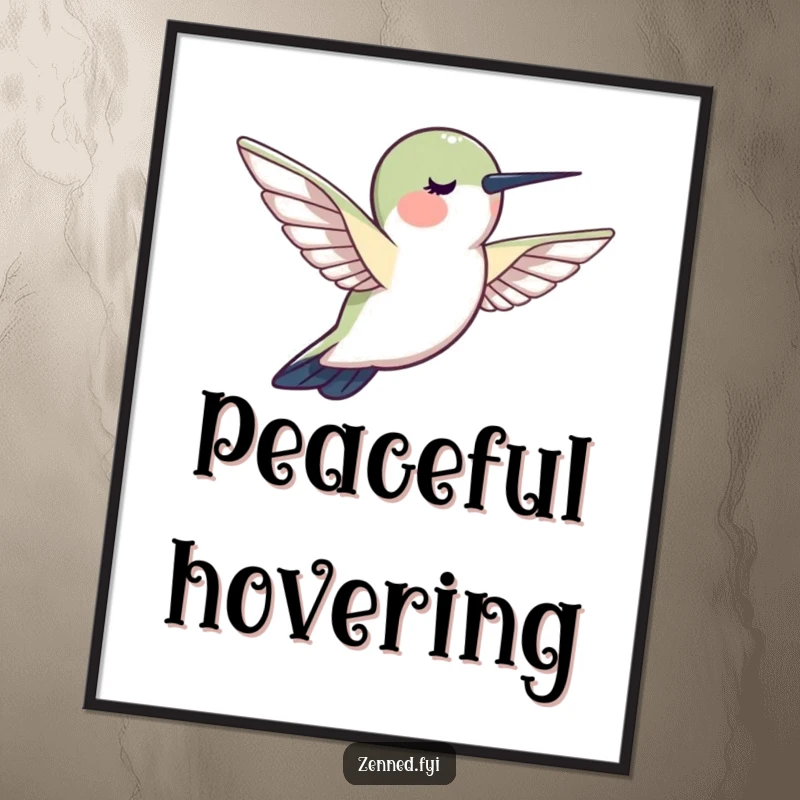 Funny hummingbird calm digital art, creature hovering motionlessly, radiating peace, downloadable art for serene decor.
