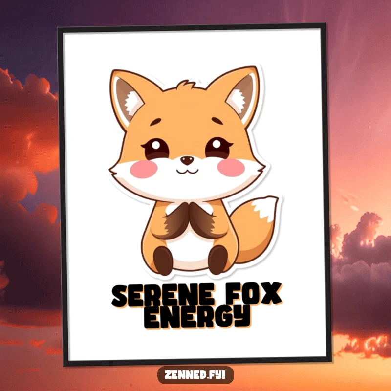 Funny Kawaii fox digital art print of a smiling character with hands together, radiating calm and humorous peace, ideal for gifting.