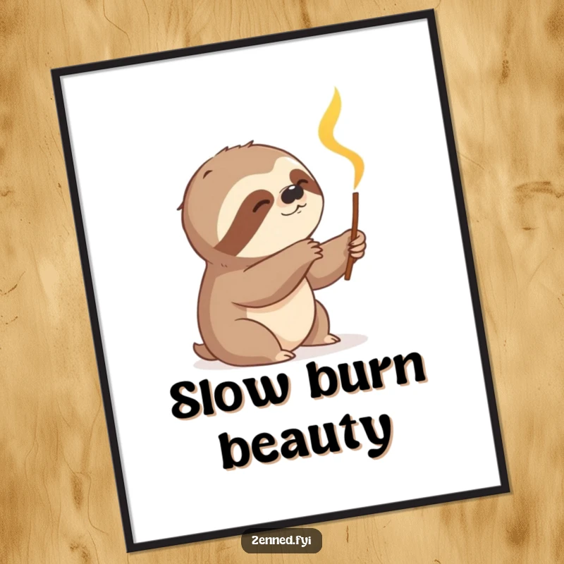 Funny sloth slowly reaching for a glowing incense stick, a digital art print conveying chill vibes and humor, perfect for a funny gift.