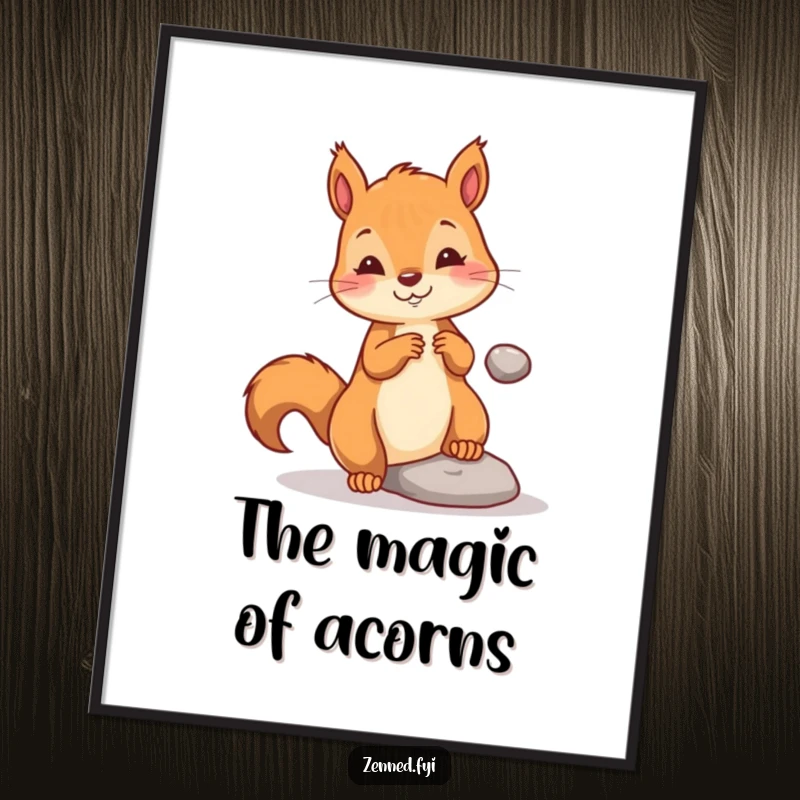 Funny digital art print of a playful squirrel gently levitating a tiny pebble, perfect for instant, humorous, and magical wall decor.