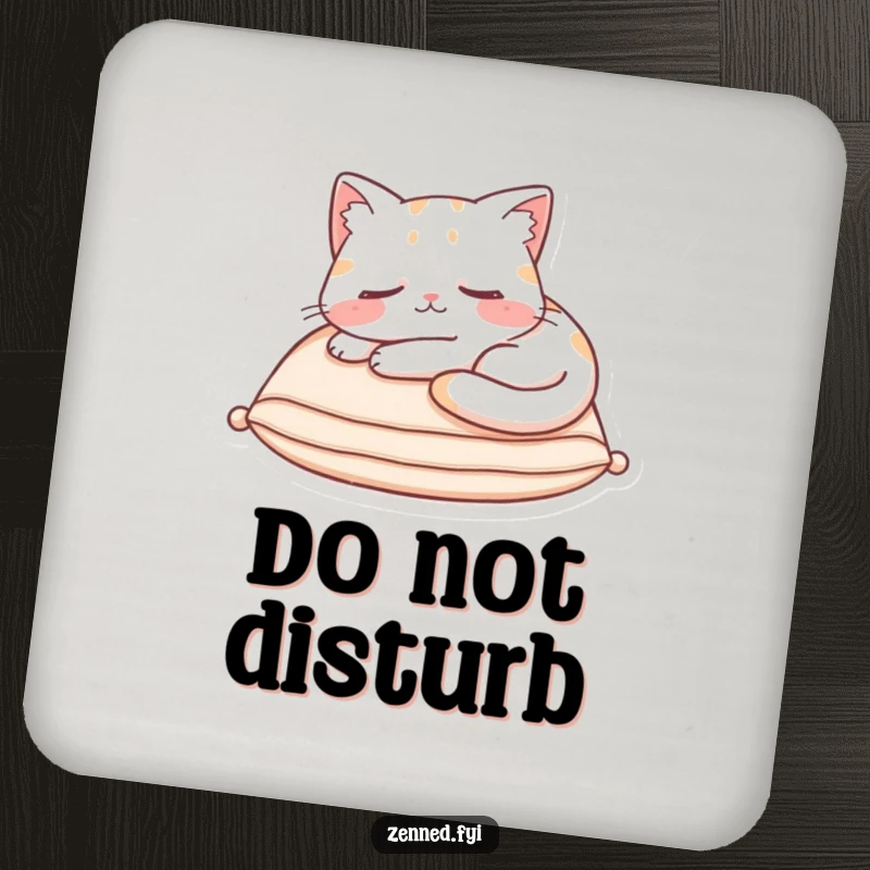 Funny Coaster showcasing a content cat character asleep on a cushion, radiating hilarious cozy charm and surface protection.