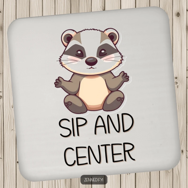 Funny badger meditation coaster, a determined animal in a serene zen pose, protecting surfaces with humor.