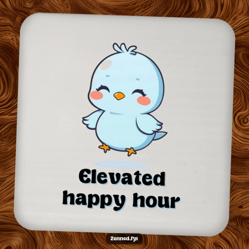 Funny drink coaster featuring a calm blue bird meditating and floating, protective and humorous, great funny gift.
