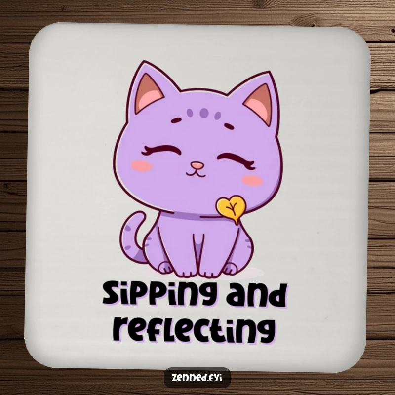 Funny cat coaster with a thoughtful purple cat in a peaceful state, observing a gently falling leaf, protecting surfaces with humor.