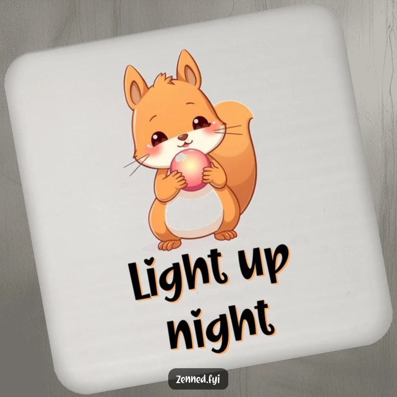 Funny drink coaster featuring a content squirrel holding a glowing orb, adding a touch of enchantment and humor.