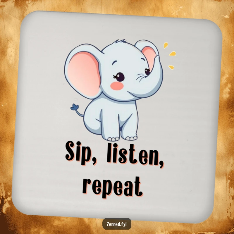 Funny cheerful elephant playing a horn on a set of drink coasters, a humorous and harmonious funny gift.