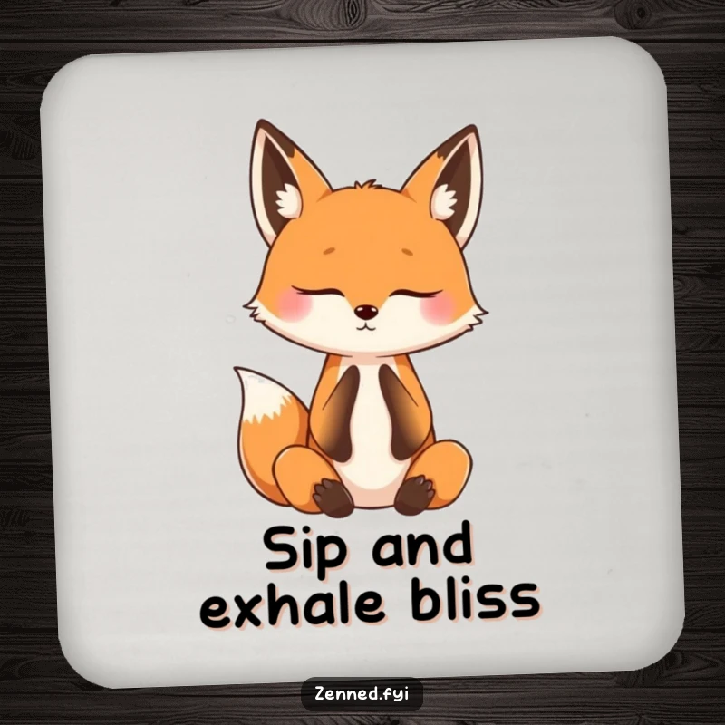 Funny drink coasters featuring a curious fox practicing mindful breathing with eyes shut, adding a touch of humor and calm to beverage service.