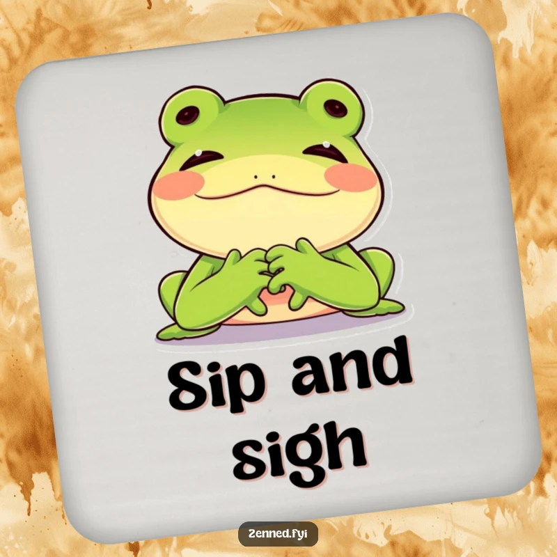 Funny drink coaster featuring a joyful green frog sighing contentedly, protective and humorous, great funny gift.