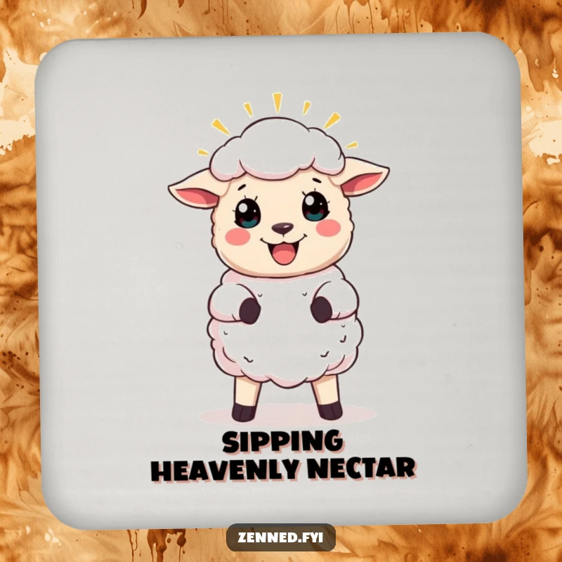 Funny drink coaster with a joyful sheep and a halo, providing divine protection and a touch of heavenly humor.