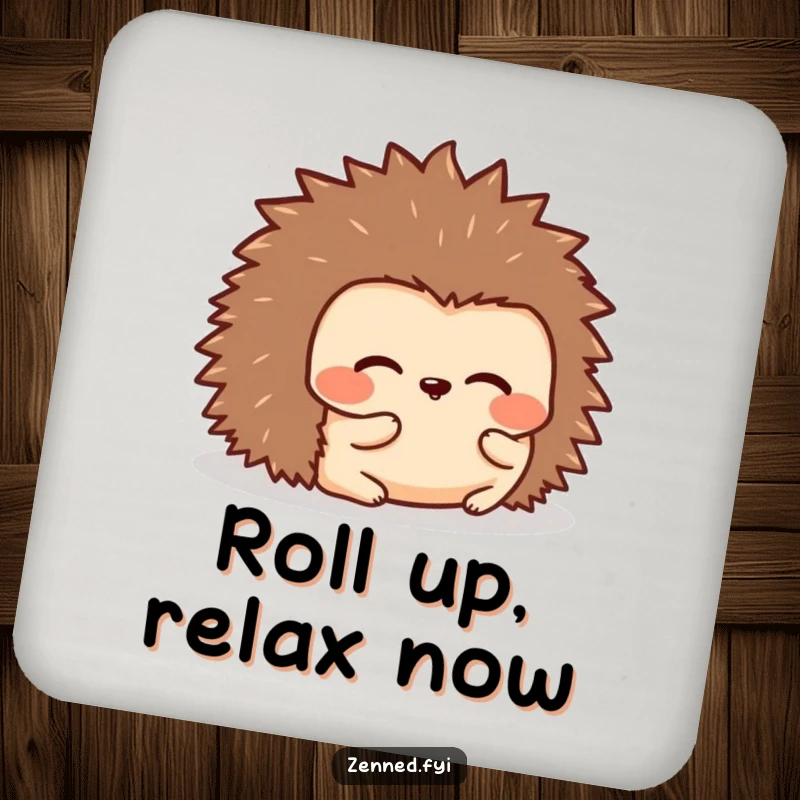 Funny drink coaster with a kawaii hedgehog rolled into a peaceful, rounded shape, providing cozy protection with humorous appeal.