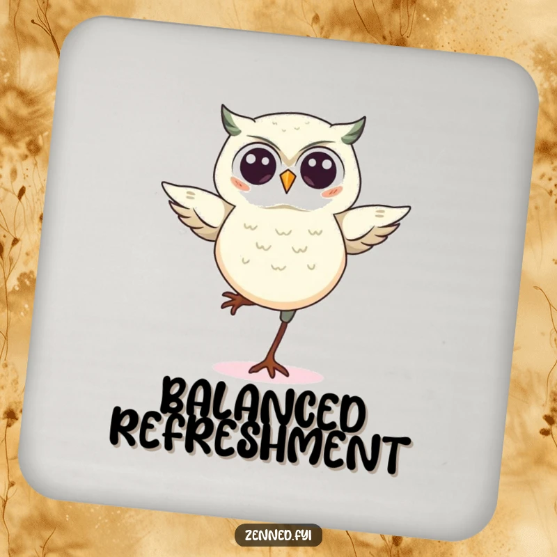 Funny kawaii owl drink coaster, featuring a cute illustration of an owl balancing on one leg, protecting surfaces with a funny and wise design.