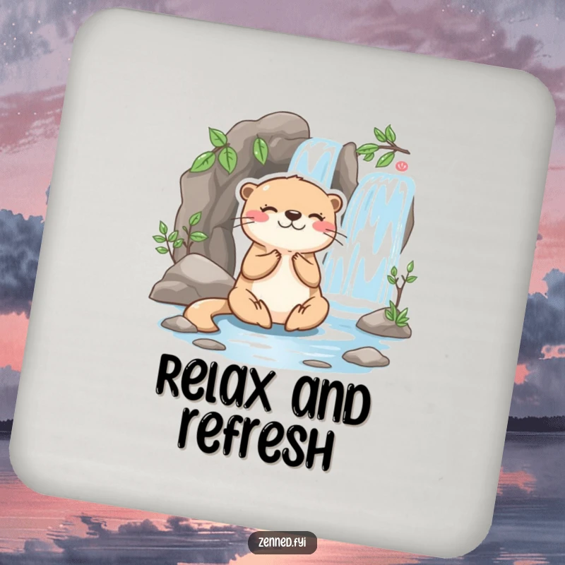 Funny otter drink coaster featuring a playful character meditating happily beside a miniature flowing waterfall, for serene surface protection.