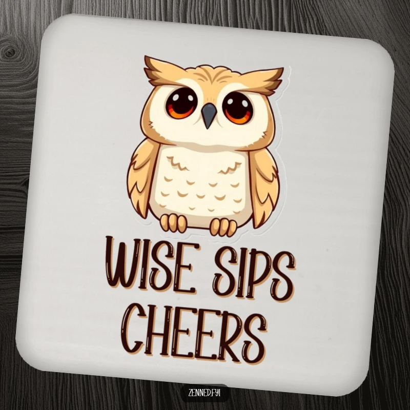 Funny coaster depicting a calm owl gazing upwards with deep understanding, adding intellectual humor and surface protection.
