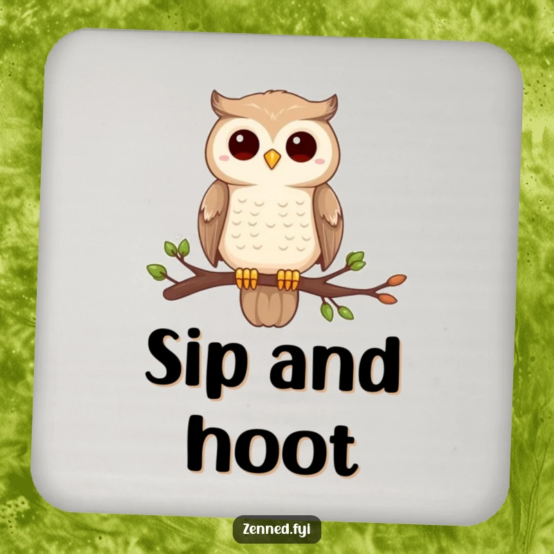 Funny owl zen coaster, perched on a branch, completely still and centered, protecting surfaces with humor.