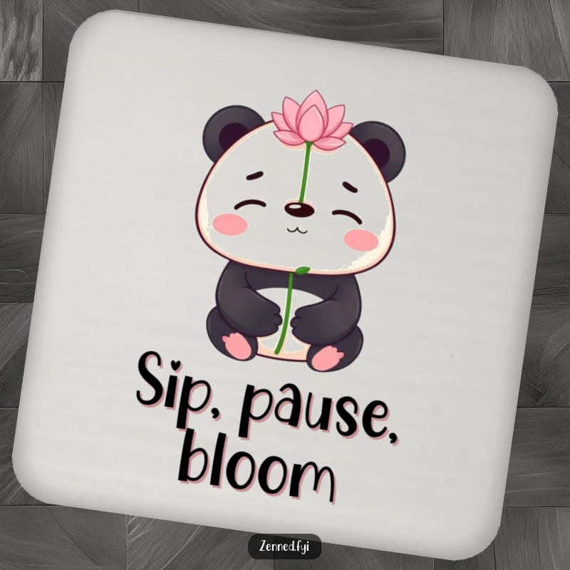 Funny panda balancing a lotus flower on its nose on a drink coaster, adding serene humor and protection for a funny gift.