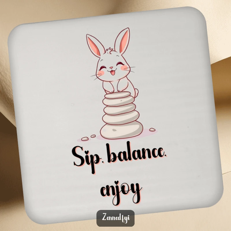 Funny balancing rabbit on a set of drink coasters, a humorous and stable funny gift.