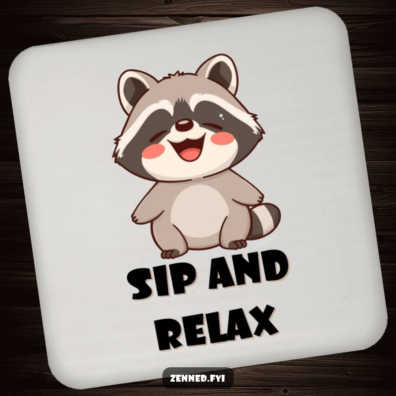 Funny Coaster featuring a delighted raccoon radiating calm, contented energy with a peaceful and happy expression.