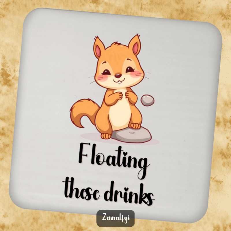 Funny drink coasters featuring a playful squirrel gently levitating a tiny pebble, adding a touch of humorous magic to beverage service.