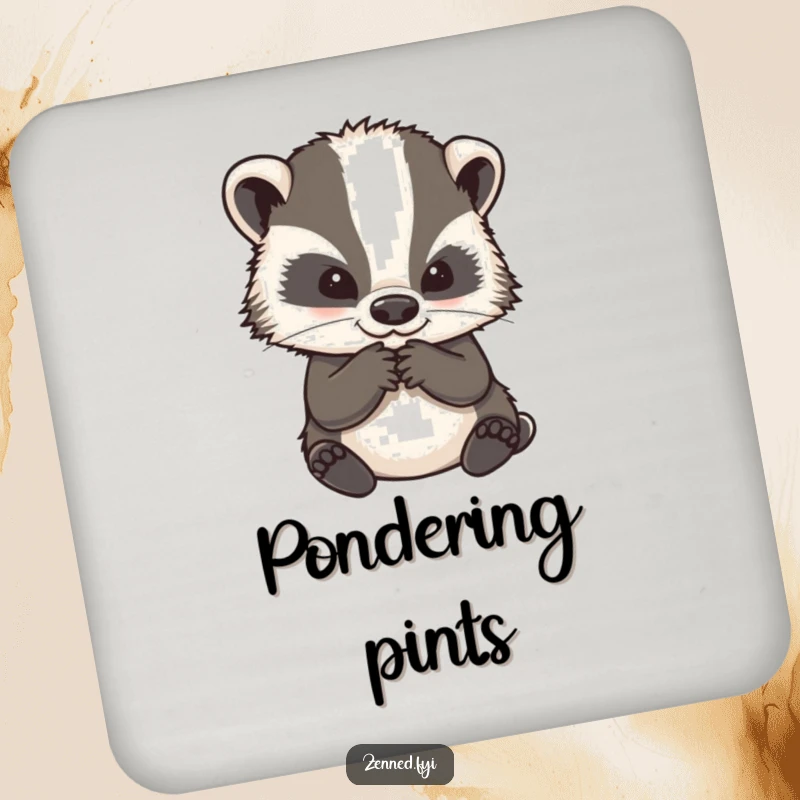 Funny drink coaster featuring a wise badger character in a contemplative pose, a humorous addition to any table.