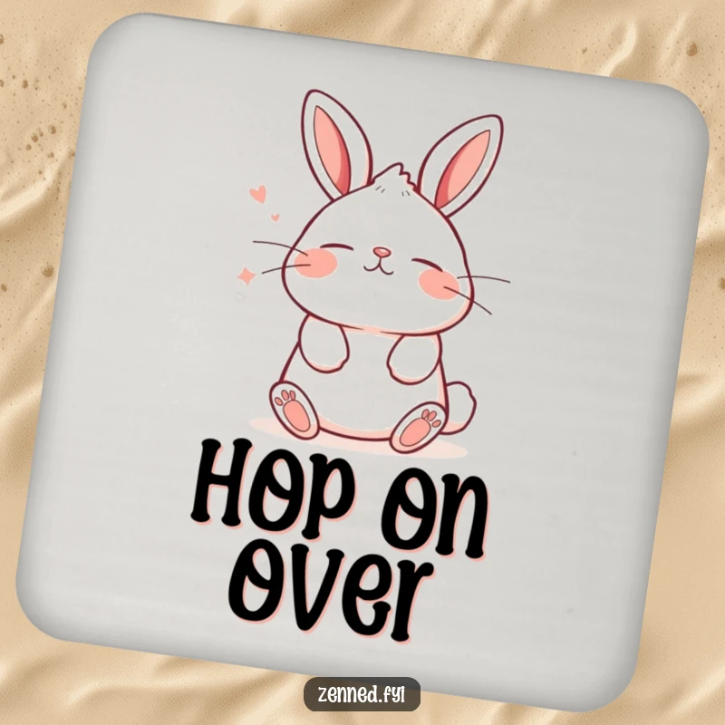 Funny drink coaster featuring a kawaii bunny breathing deeply with a tranquil expression, protecting surfaces with cute charm.