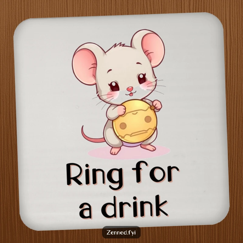 Funny drink coaster with a playful mouse tapping a gong, adding a touch of humorous sound and decor.
