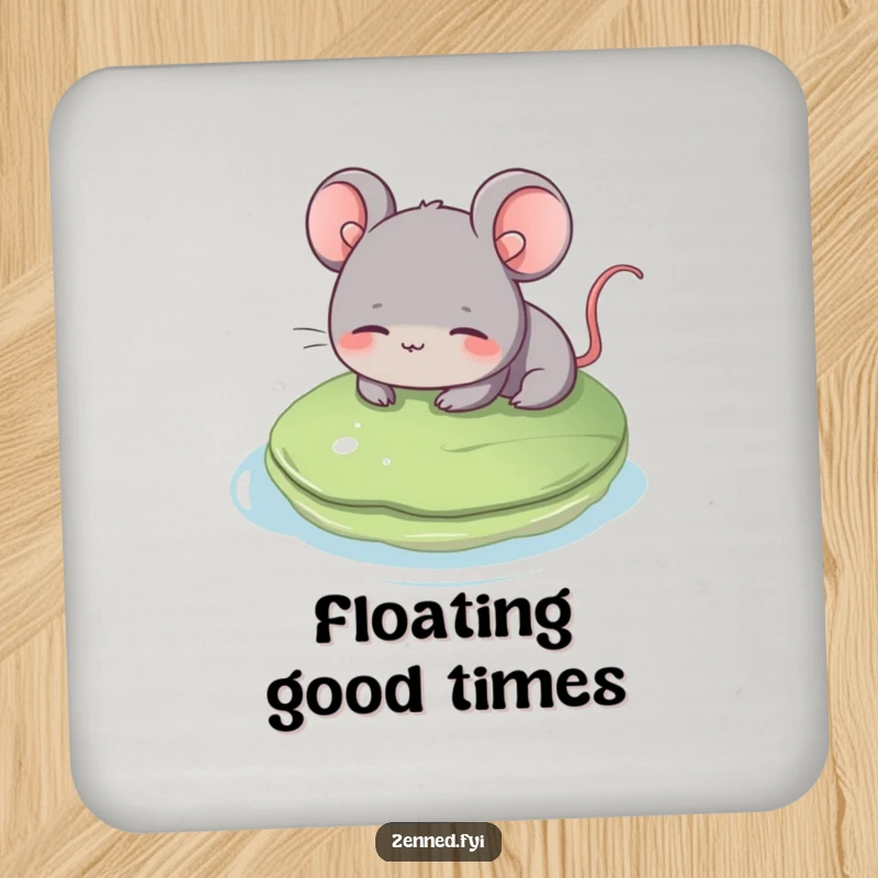 Funny grey mouse coasters, serene design, floating on a lily pad, protecting tables, a peaceful funny gift.