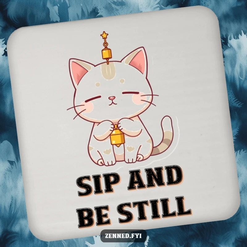 Funny cat drink coaster featuring a serene character completely still, dangling a small bell above its head, for serene surface protection.