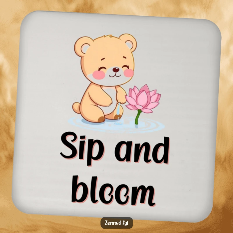 Funny Bear Cub Coasters: Giggling cub waters a lotus flower, a humorous and charming set for any table.