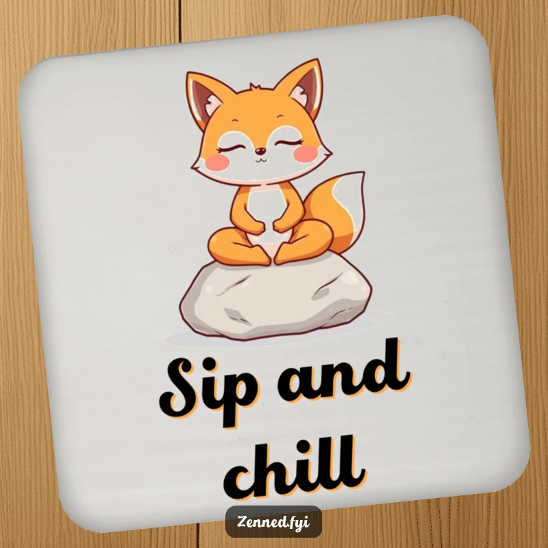 Funny Fox Coaster: A cheerful fox meditates on a stone, protecting surfaces with peaceful charm and nature's grace.