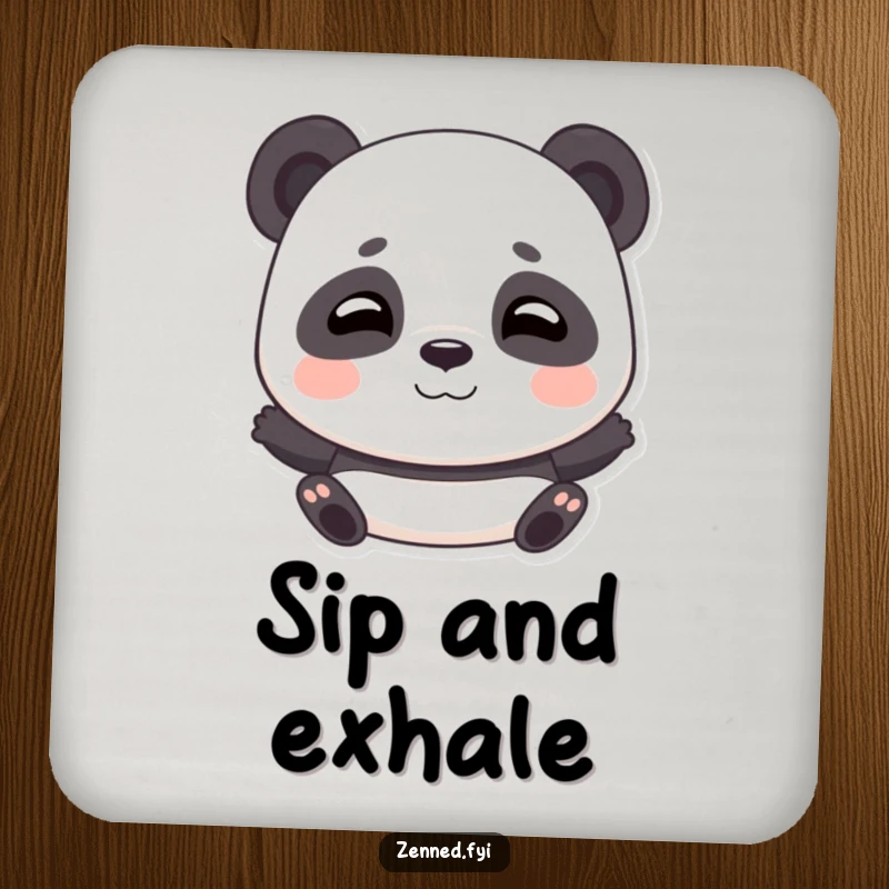 Funny drink coasters featuring a playful panda taking deep breaths with a gentle smile, adding serenity.
