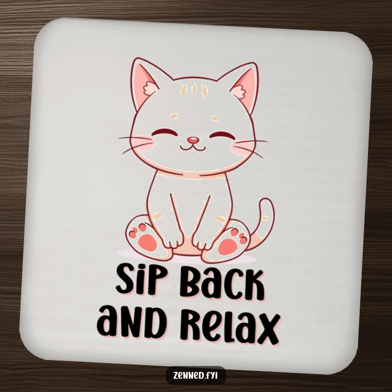 Funny cat meditation drink coaster showing a happy cat in a meditative pose, protecting surfaces with zen.