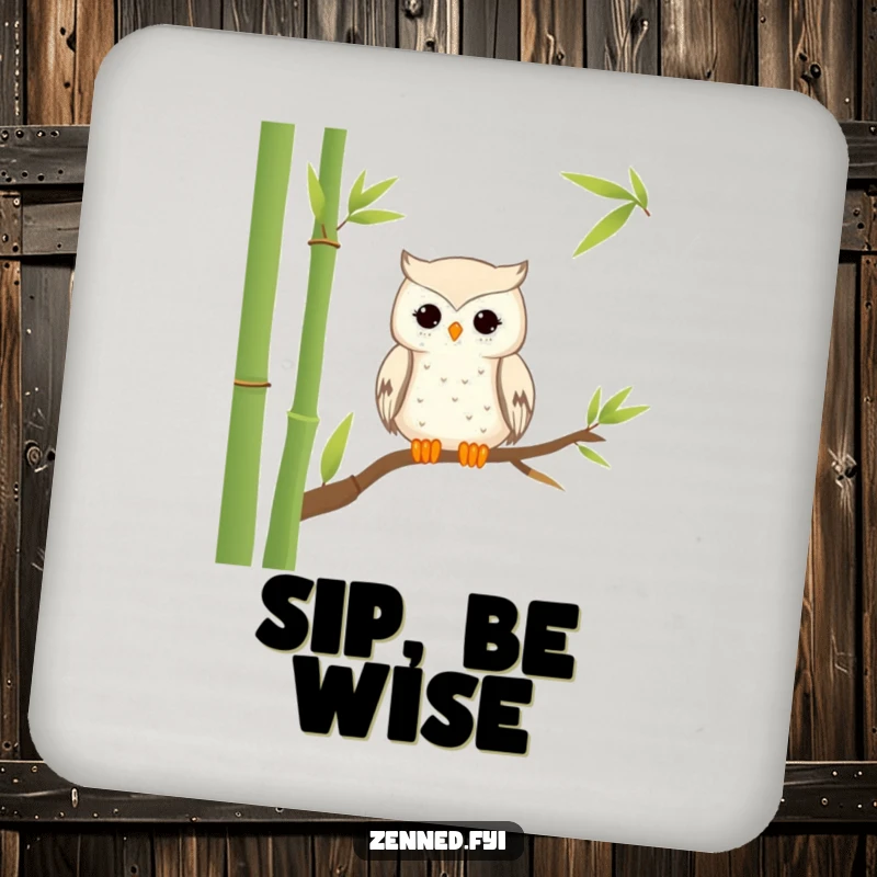 Funny Coaster: A tranquil owl perched on bamboo, offering hilarious zen to protect surfaces.