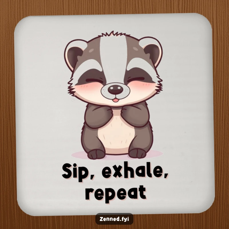Funny Coaster: A happy badger breathing deeply with closed eyes, offering hilarious zen to protect surfaces.
