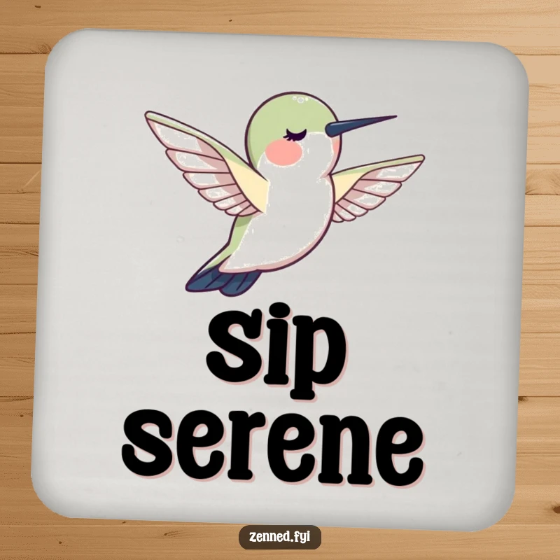 Funny hummingbird calm coaster, a creature hovering motionlessly, radiating peace, protecting surfaces with humor.