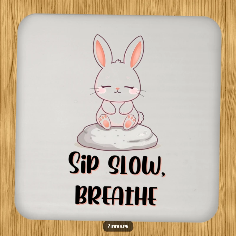 Funny drink coaster featuring a serene white rabbit meditating on a stone, protective and humorous, great funny gift.