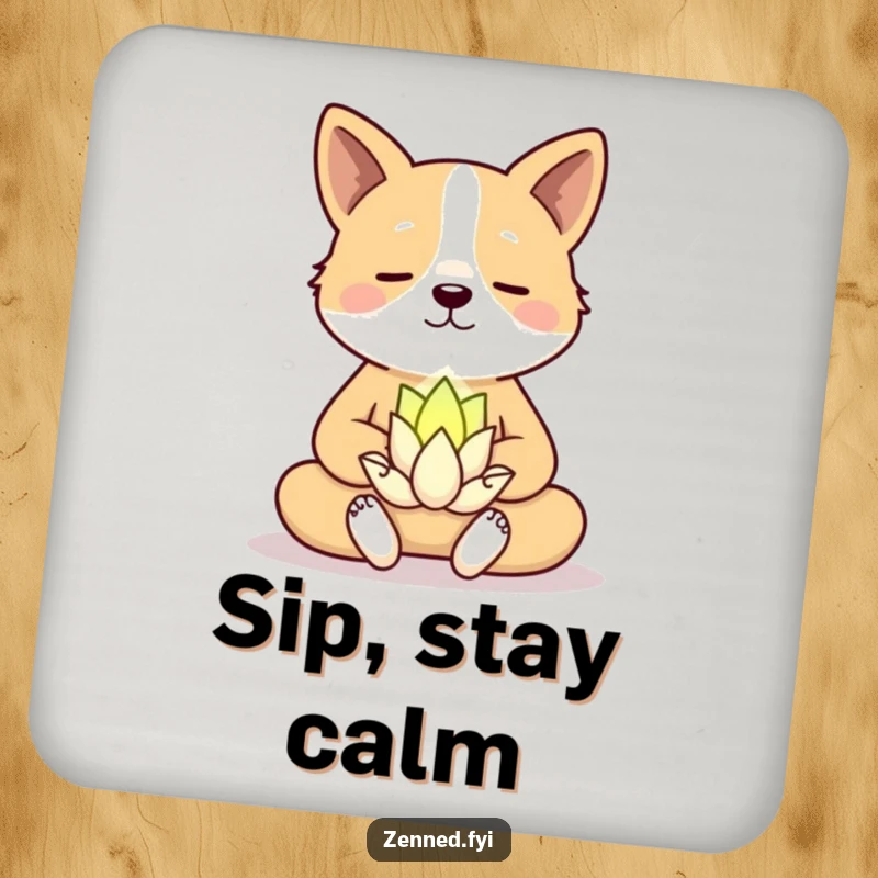 Funny Coaster: A meditating dog with a smiling lotus flower, offering hilarious zen to protect surfaces.
