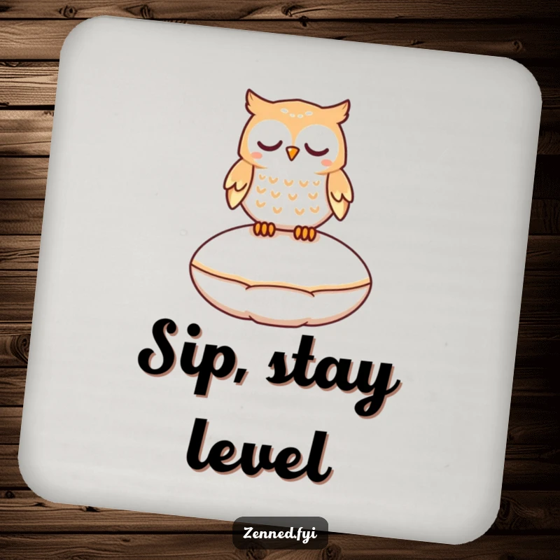 Funny coaster with a peaceful owl character gently floating a few inches above a smooth, round cushion.