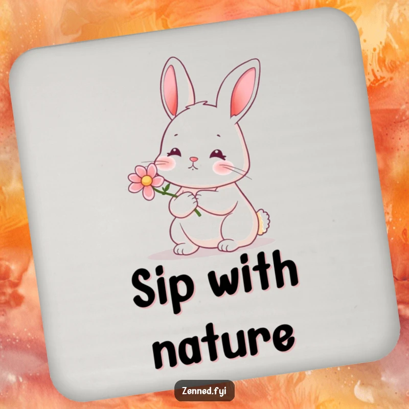 Funny rabbit flower drink coaster showing a serene rabbit holding a tiny blooming flower, adding natural elegance.