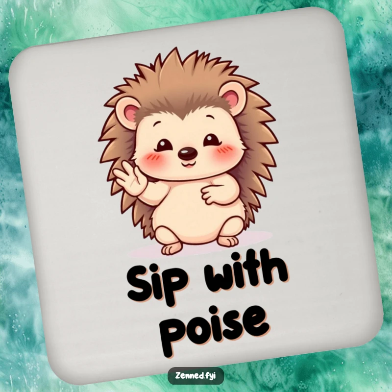 Funny hedgehog coaster displaying a serene animal performing a graceful hand gesture, protecting surfaces with humor.