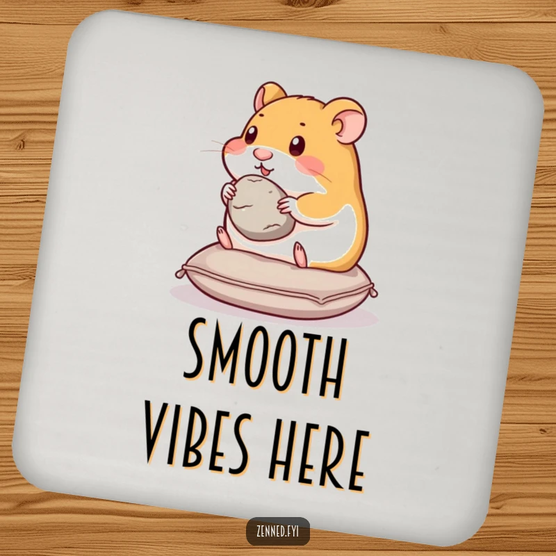 Funny hamster drink coasters with a content hamster on a cushion, holding a smooth stone, bringing a peaceful and protective element.