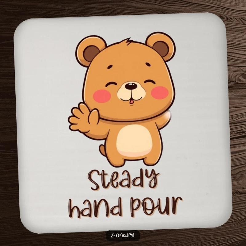 Funny drink coaster featuring a focused brown bear meditating with a hand gesture, protective and humorous, great funny gift.