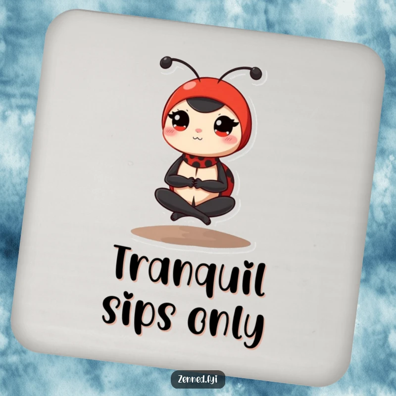 Funny ladybug coaster featuring a determined red ladybug in a peaceful, cross-legged yoga pose, protecting surfaces with humor and serenity.