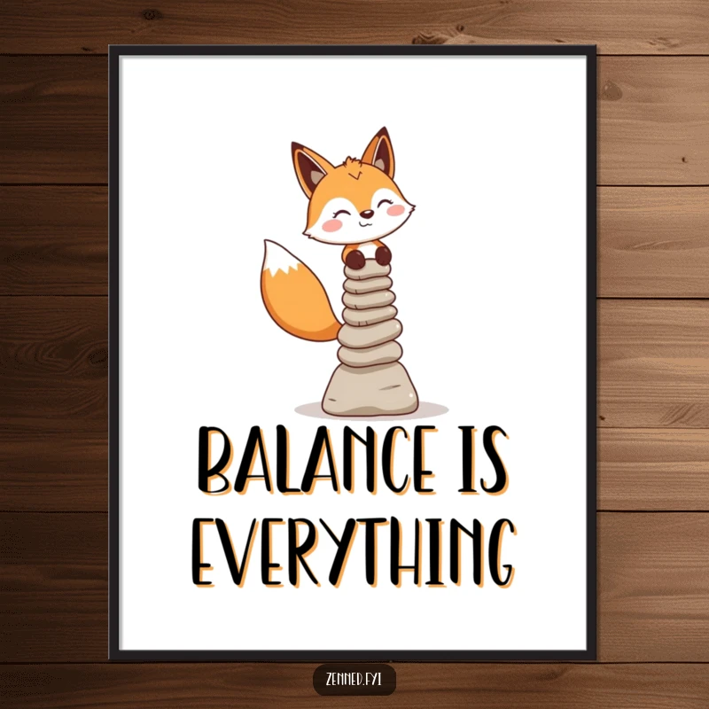 Funny Fox Poster: A cheerful fox meticulously balances stacked stone cairns, conveying humor and inner peace.