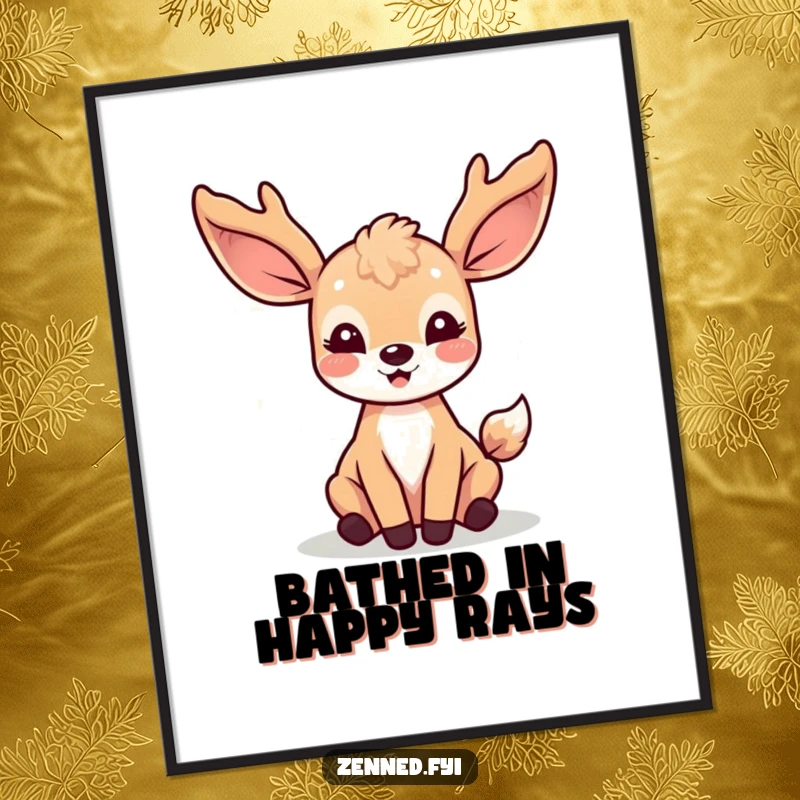 Funny Kawaii Deer Poster: An artistic print of a joyful deer character bathed in soft, glowing light rays, evoking a sense of wonder.