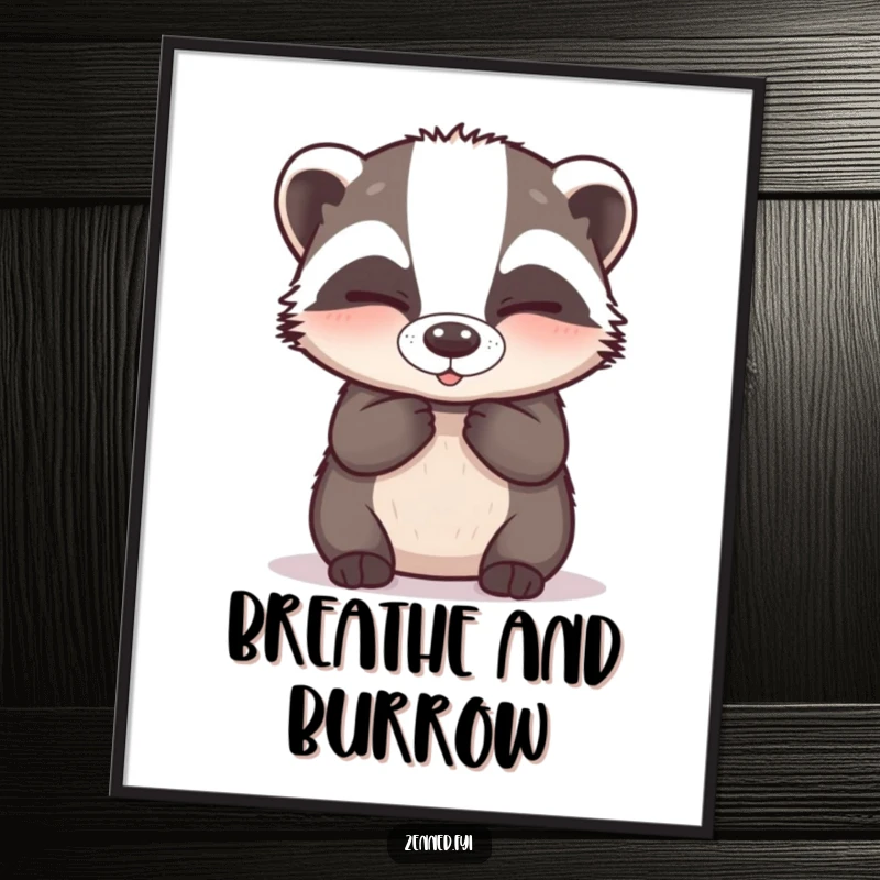 Funny Poster: A happy badger taking deep, calm breaths with closed eyes, bringing hilarious zen to wall decor.