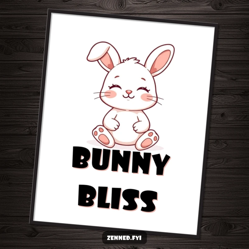 Funny Zen Bunny Poster showcasing a smiling rabbit meditating peacefully, a humorous piece of tranquil wall art.