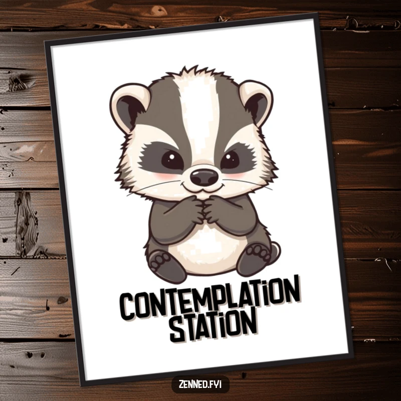 Funny poster of a wise badger character contemplating deeply, stroking its chin, bringing humorous wisdom to any wall space.