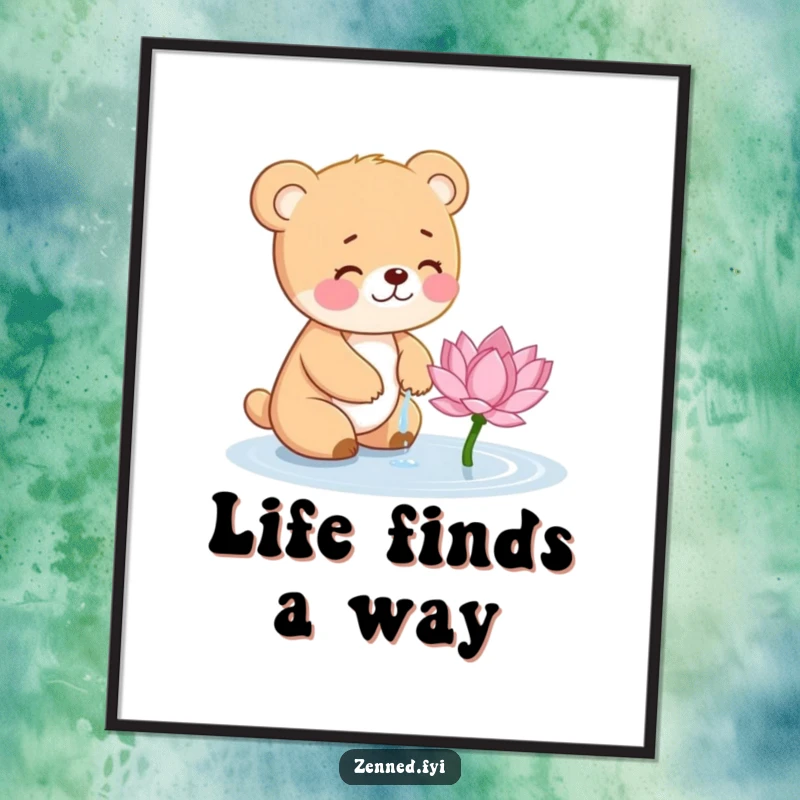 Funny Bear Cub Poster: Charming illustration of a giggling cub watering a blooming lotus, evoking peace and joy.